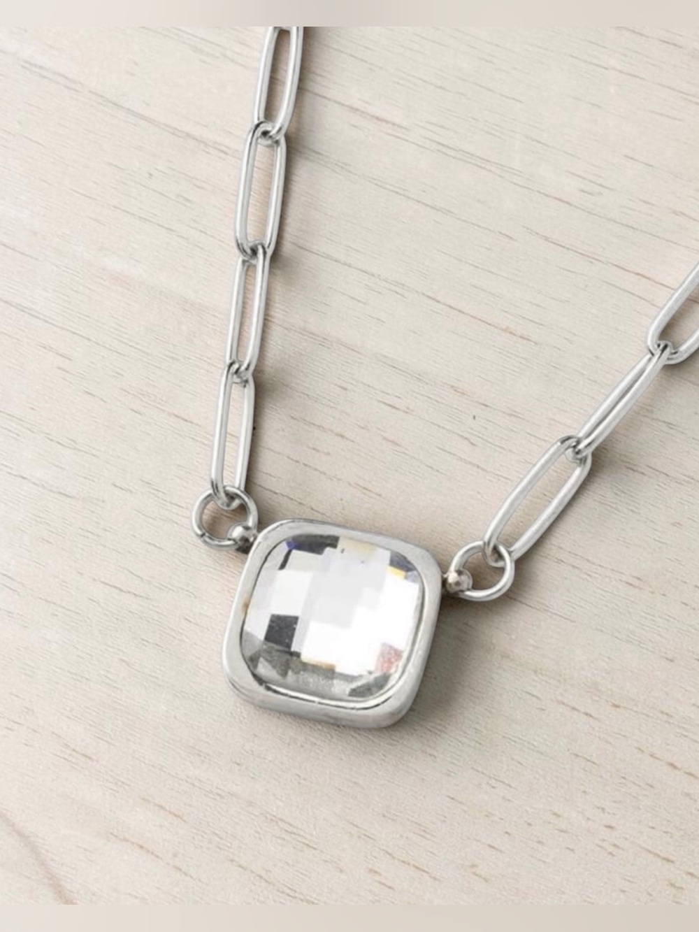 PLUNDER Sandra Silver Chain Necklace with Clear Faceted Pendant
